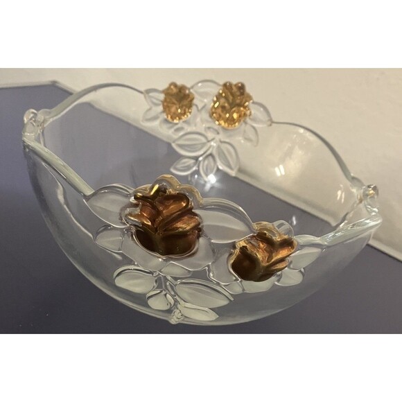 Vintage Mikasa Gilded Rose Gold Accented Frosted Leaf Crystal Clear  fruit Bowl - Picture 11 of 16